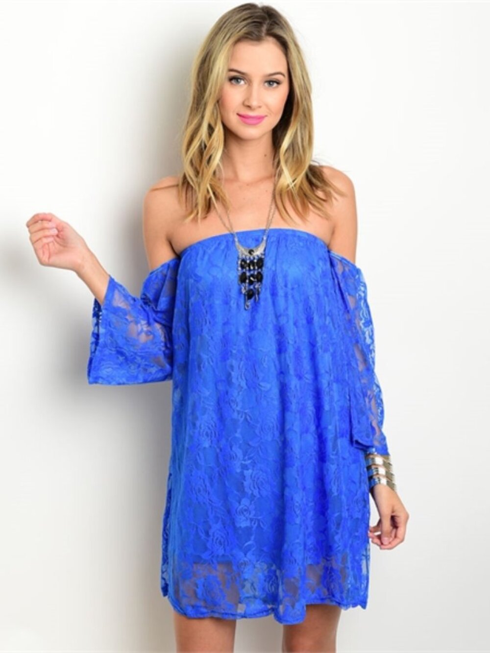 Floral Embroidery Bandeau Dress Women Lace-Off-The-Shoulder Mini, Royal Blue